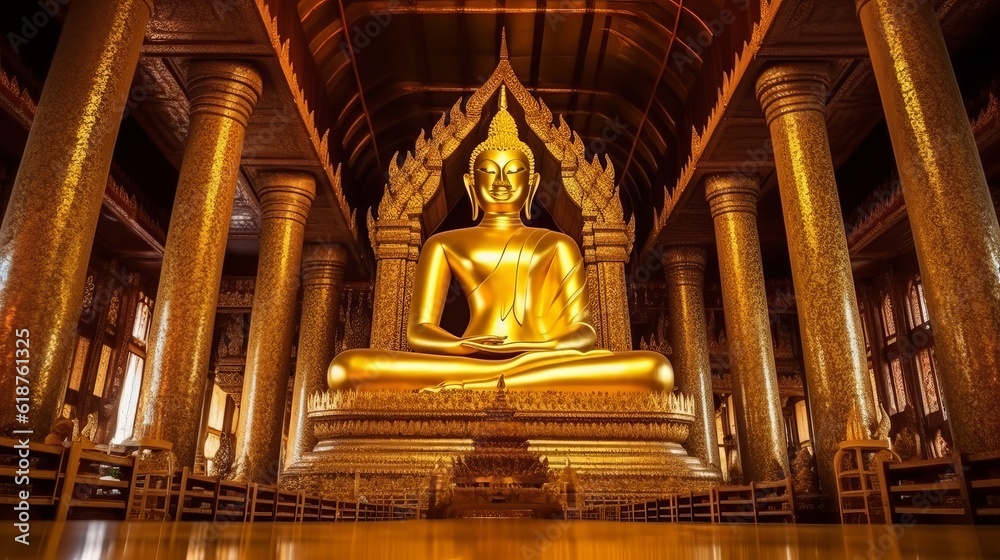 Obraz premium big golden buddha statue sitting in thai temple Generative AI