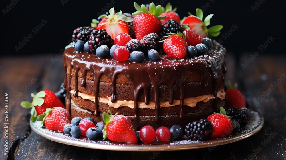 Chocolate cake with with berries, strawberries and cherries Generative AI Chocolate cake with with berries, strawberries and cherries Generative AI