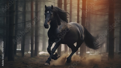 Big black horse runs in the forest background Generative AI