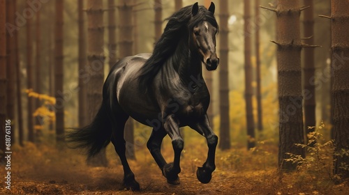 Big black horse runs in the forest background Generative AI