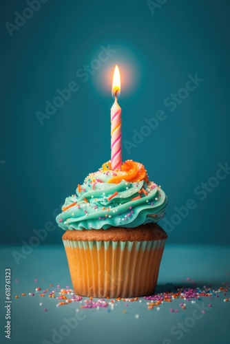 birthday cupcake with a single lit candle, created with generative ai