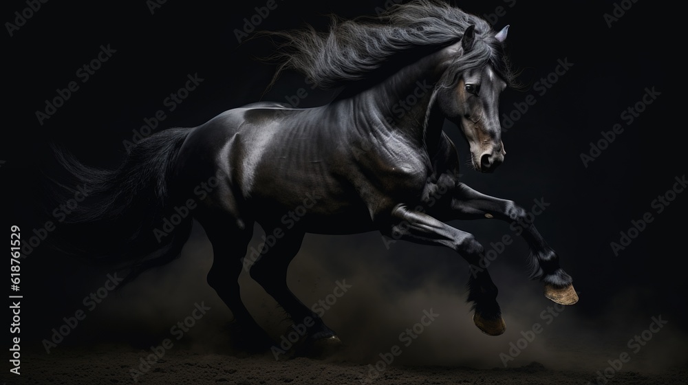 Galloping black horse on dark background Generative AI Galloping black horse on dark background Generative AI