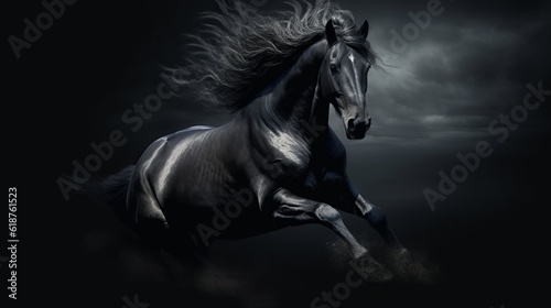 Galloping black horse on dark background Generative AI