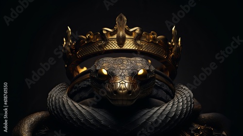 Golden crown with black snake on dark background Generative AI