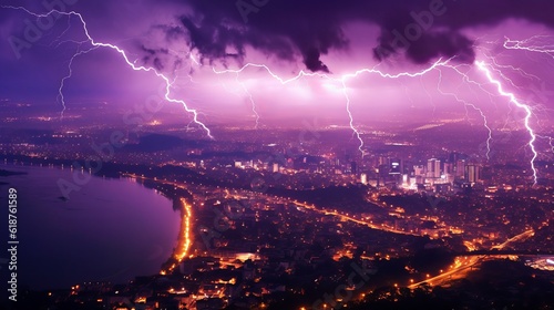 Lightning storm over city in purple light Generative AI