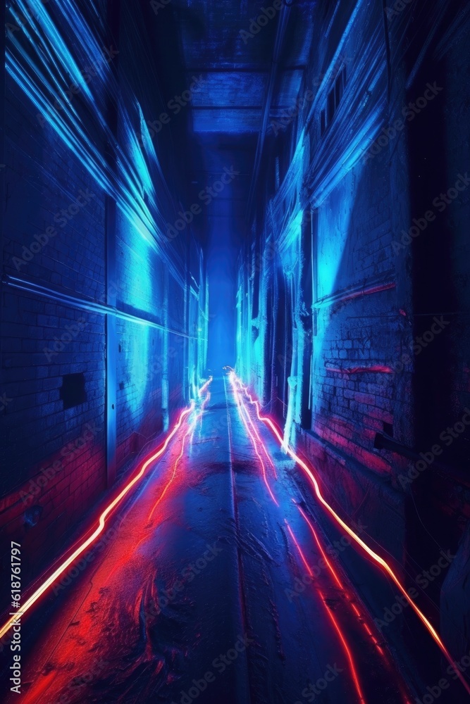 blue neon light trails in the dark, created with generative ai