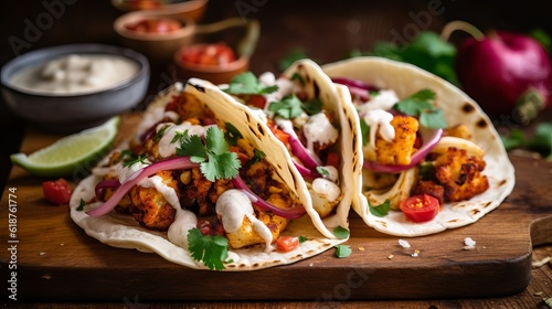 Roasted coconut cauliflower tacos. Healthy, vegan meal. Close up, side view on a wooden background Generative AI
