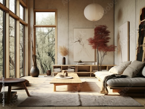 Japandi living room interior design. AI-generated.