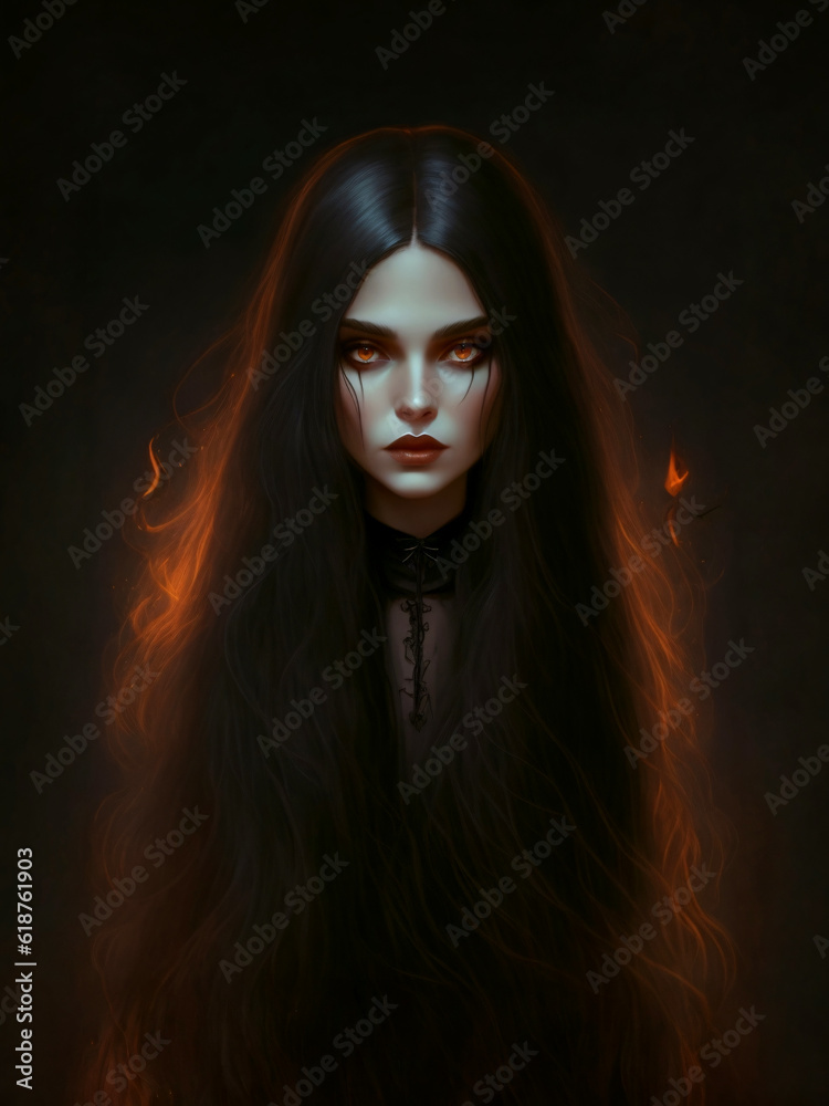 Portrait of a woman dressed in black as a witch. Portrait of a woman dressed in black as a witch.