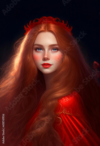 Portrait of a woman dressed in red as a princess.