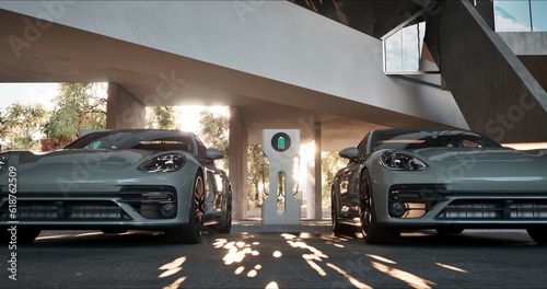 Powering the Future: White Electric Cars in Parking and Charging. © BY Movie