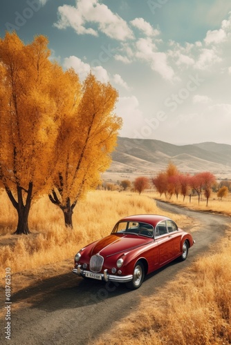 classic car parked near a scenic landscape, created with generative ai