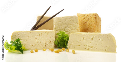 Various Tofu Panorama with Salad and Soy Beans isolated on Transparent PNG Background