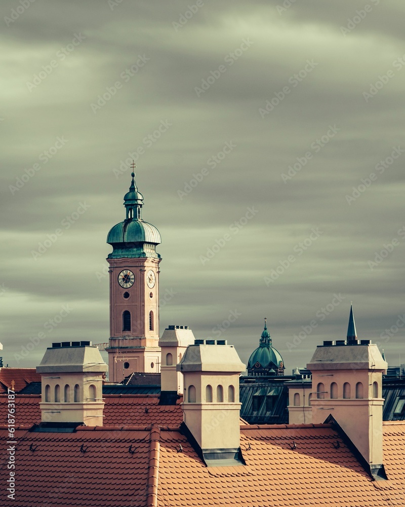 Scenic view of a clock tower among old buildings in Munich, Germany