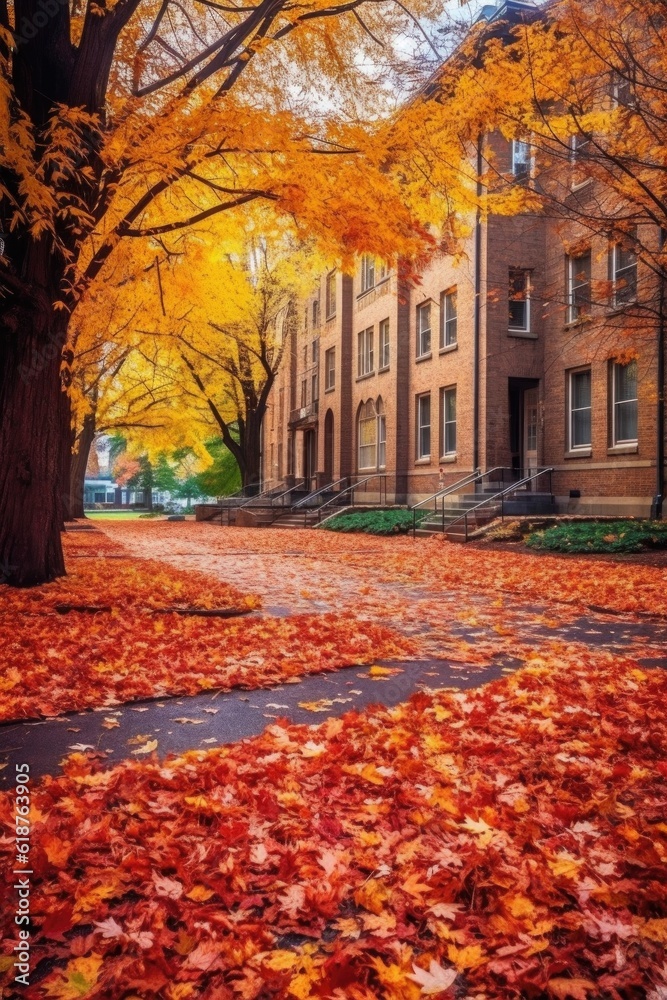 college campus with colorful autumn leaves, created with generative ai