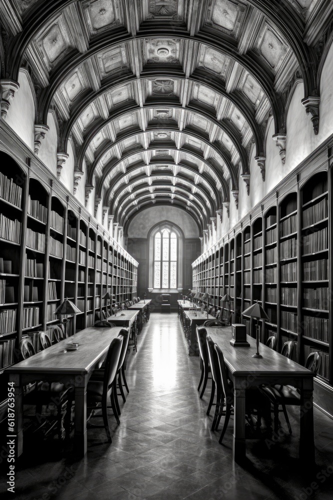 college library interior with rows of books, created with generative ai