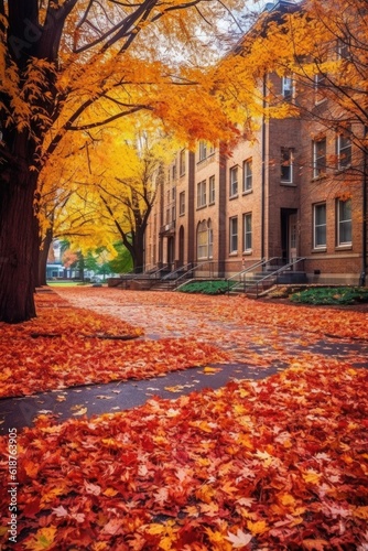 college campus with colorful autumn leaves  created with generative ai