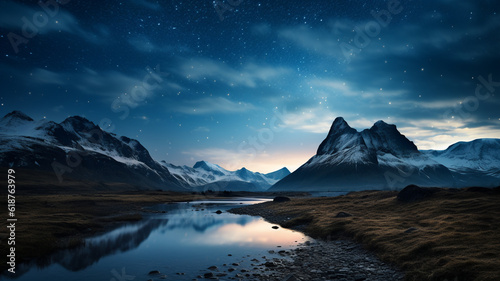 Beautiful view of milky way glowing on the sky with mountains and river and reflections of stars