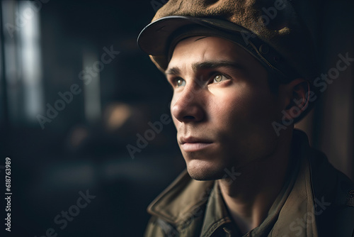 Obraz na plátně Portrait of a soldier evoking the essence of World War II, showcasing a timeless