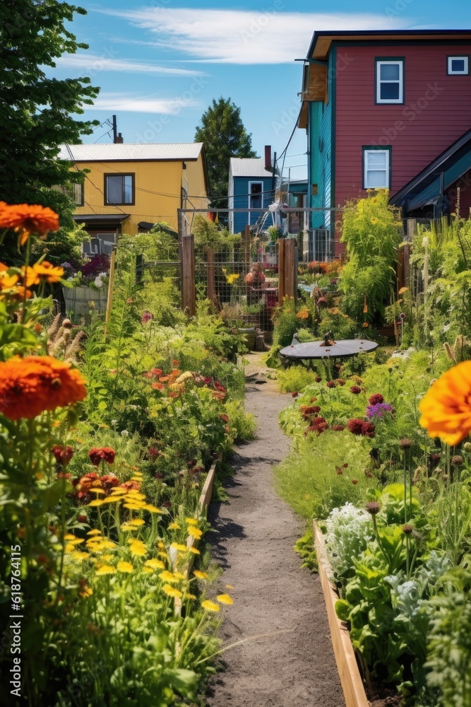 Obraz premium colorful community garden with blooming flowers, created with generative ai