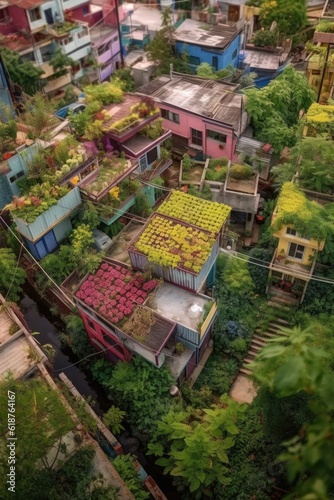 aerial view of a colorful neighborhood with lush gardens, created with generative ai