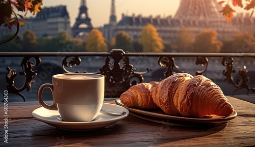 Croissants with coffee cup ion a balcony with Eiffel Tower in the background