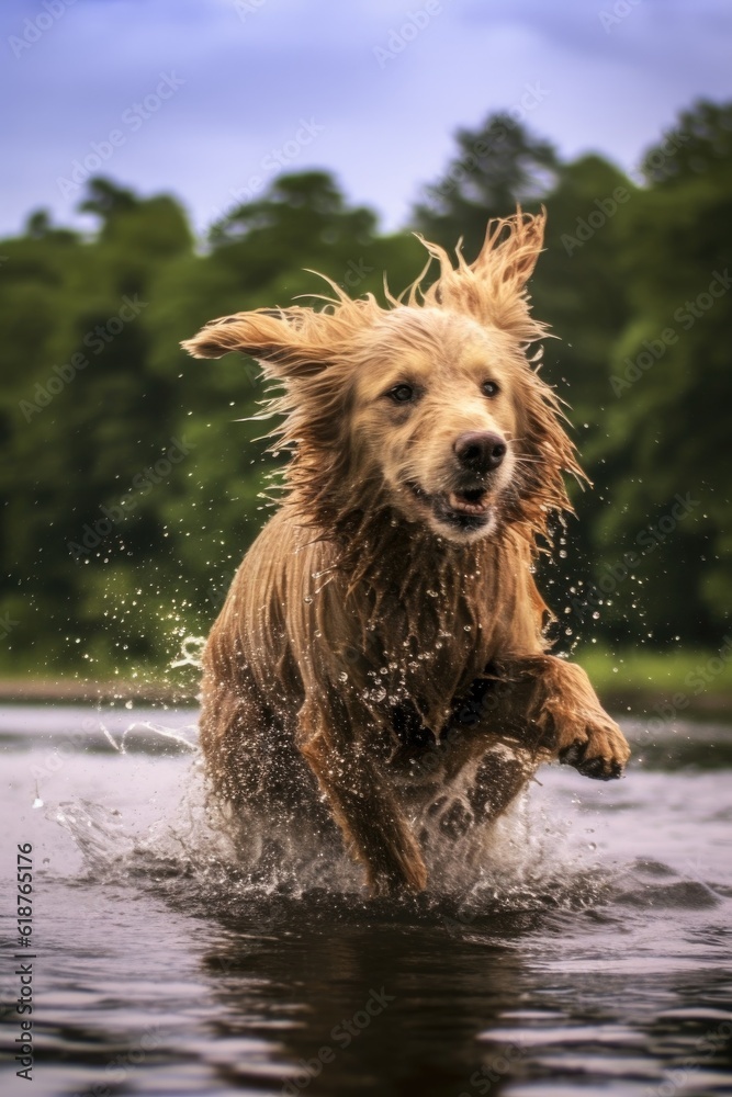 wet dog shaking off water after a swim in a lake, created with generative ai wet dog shaking off water after a swim in a lake, created with generative ai