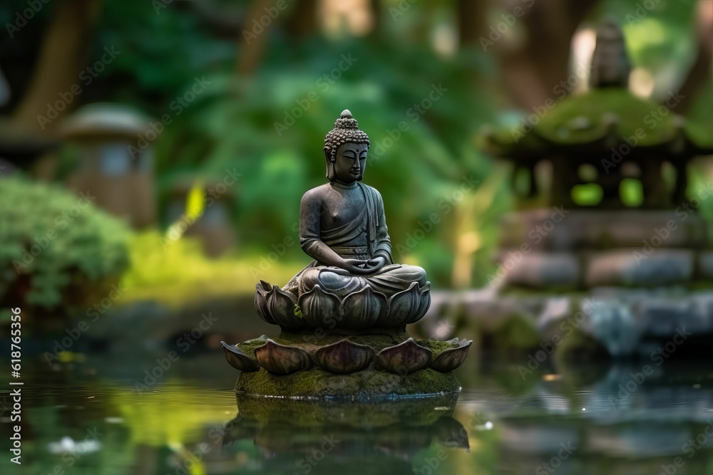 AI generated illustration of an impressive gray stone statue of Buddha on a tranquil pond