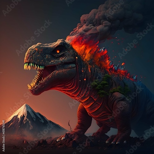 trex with volcano wallpaper illustration 