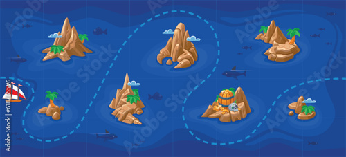 Game Map. Sea view from above. Uninhabited 
island. Ocean, palm trees, treasures, chests, scull, mountain
Vector background for game interface in bright colors. Seamless pattern