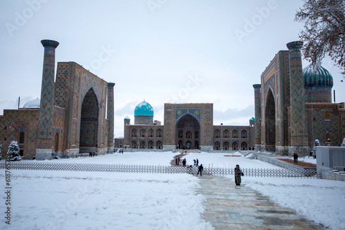 Registan Square in Samarkand after the snow. photo