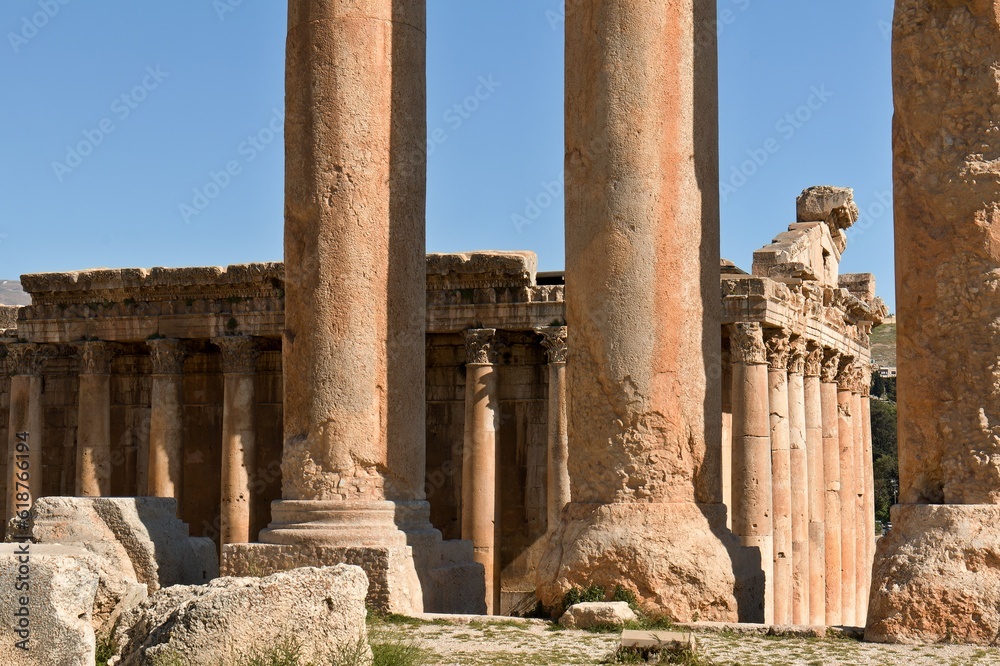 Ruins of the ancient Baalbek city built in the 1st to 3rd centuries. Today UNESCO monuments. View of the Temple of Bacchus. Lebanon.