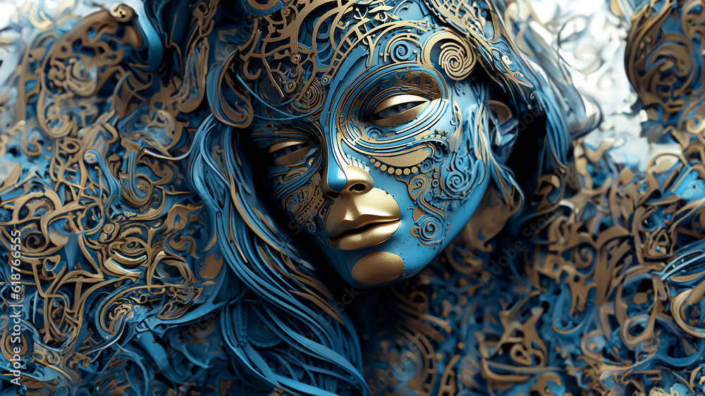 Schöne Kunst Maske in Frauen Gesicht Form in Gold und Blau Farben als Dekoration, ai generativ