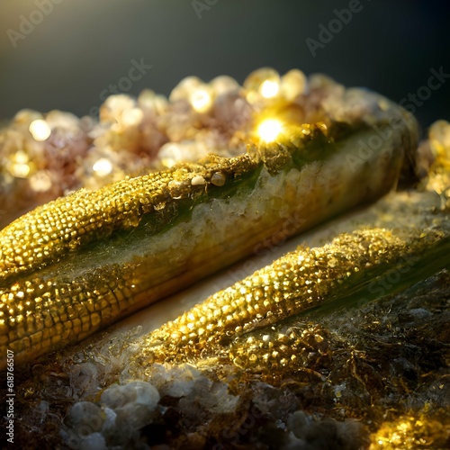 surrealist corn on the cob made out of solid gold surrounded by diamonds and other precious stones shiny glints of golden light closeup photography amazing detail super fancy 