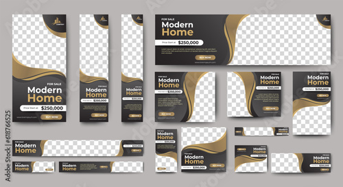Real Estate web ad banner template design with black and gray background. vector