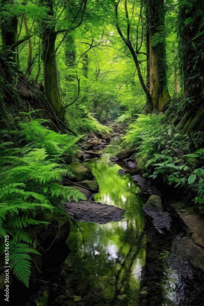 tranquil forest stream surrounded by lush foliage, created with generative ai tranquil forest stream surrounded by lush foliage, created with generative ai