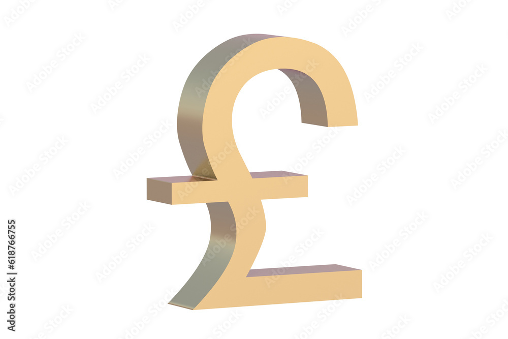 Pound sterling symbol isolated on white background. Golden currency sign. British money. 3d render Pound sterling symbol isolated on white background. Golden currency sign. British money. 3d render