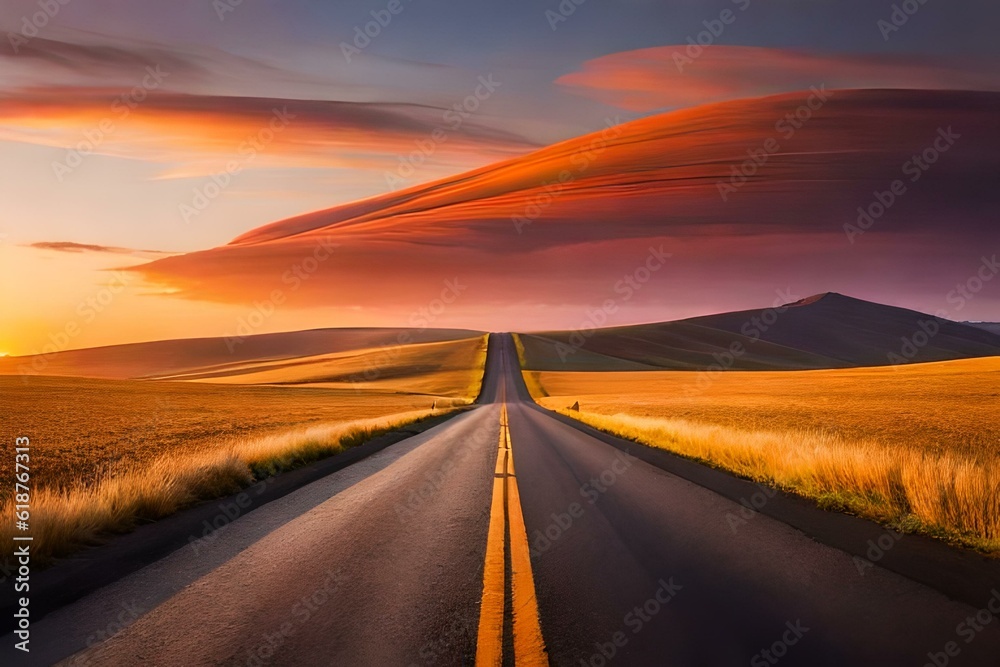 sunset on the road generated AI.