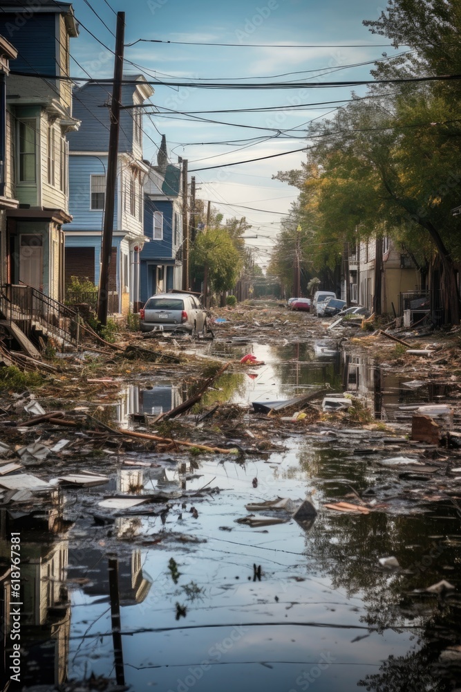 flooded streets and floating debris after hurricane, created with generative ai