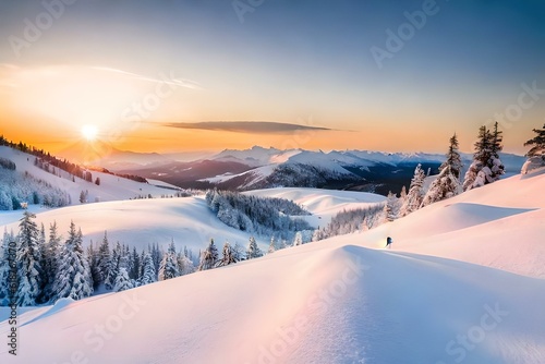 sunrise in the mountains in winter generated AI. © Abdul