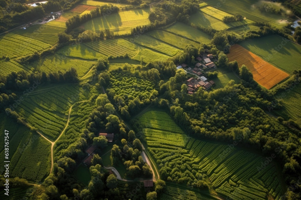 aerial view of lush organic farmland, created with generative ai
