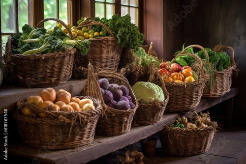 freshly harvested organic vegetables in rustic baskets, created with generative ai
