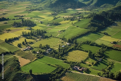aerial view of lush organic farm fields, created with generative ai