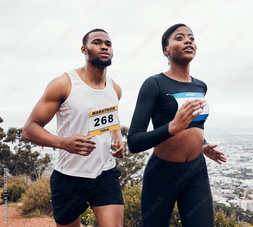 Running couple, mountain and fitness with workout and training on a race and marathon. Runner, young people and road on a exercise challenge outdoor with sport cardio performance in nature