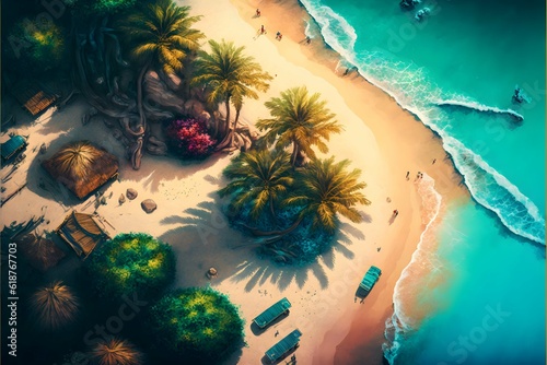 Aerial View of a Beach with Palm Trees and Ocean Magic Realism 
