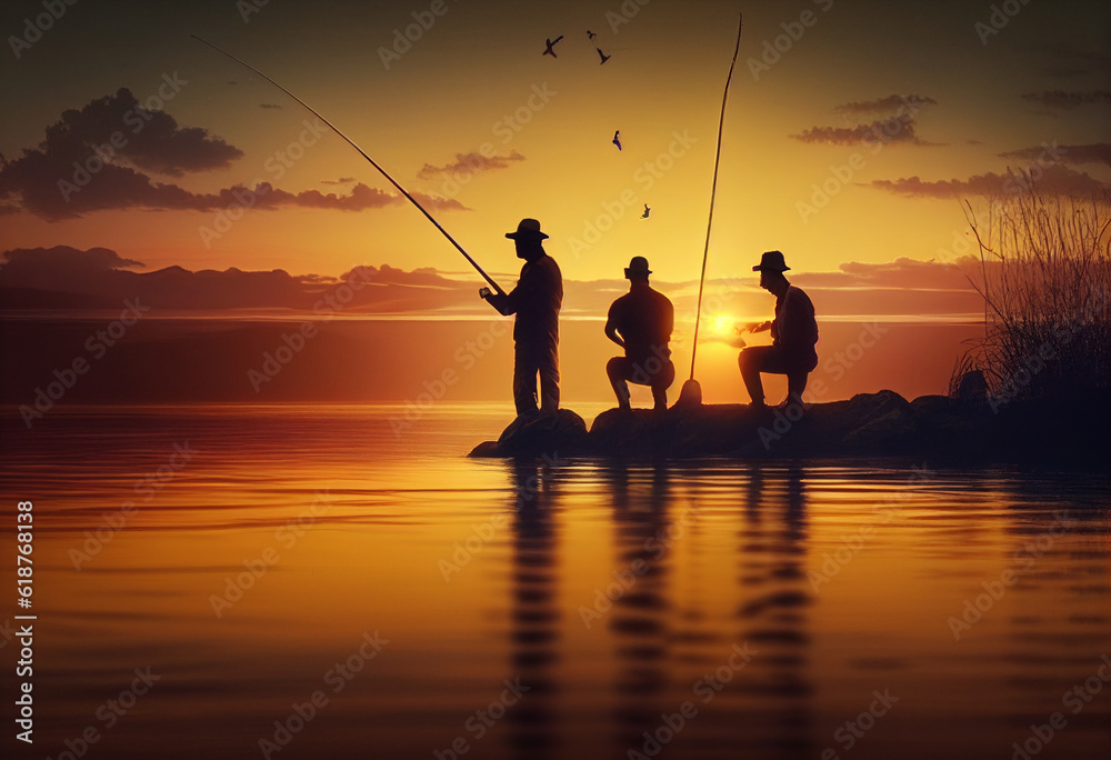 Men fishing during sunset. AI Generated