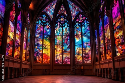 majestic stained glass windows casting colorful light, created with generative ai © altitudevisual