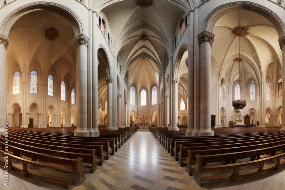 panoramic view of the expansive nave and altar, created with generative ai