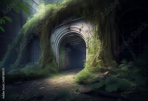 The entrance to the underground tunnel is overgrown with plants. AI Generated ©  iiulia