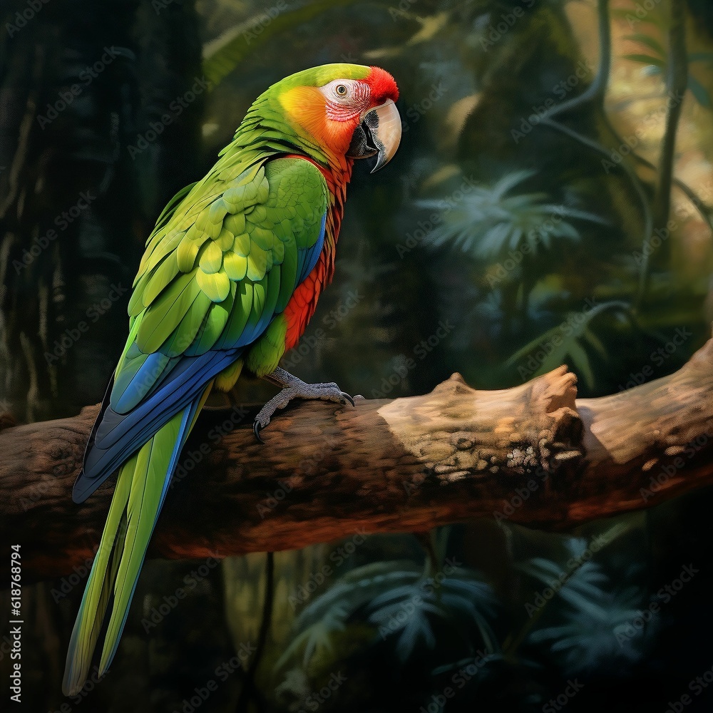 AI generated illustration of A vibrant parrot is perched on a branch